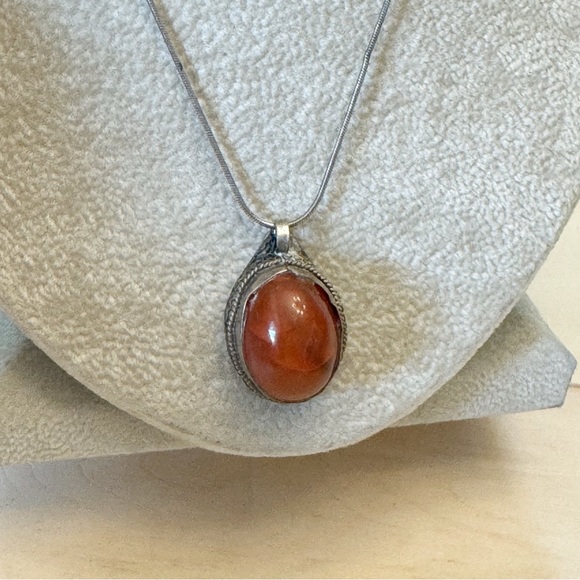 Vintage Amber Pendant Necklace Sterling Silver Italy 925